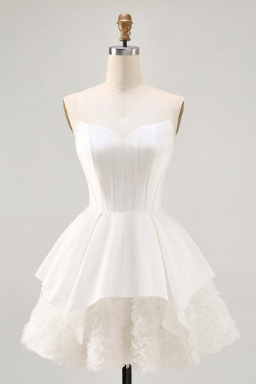 Satin Strapless Corset Rosette A Line White Homecoming Dress